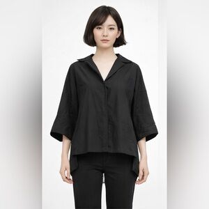 DEMOO Black Cotton Nylon Asymmetrical Button Down Top Korean Designer S/M